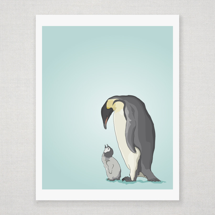 Emperor Penguins - Blue Green Illustrated Print - 8 x 10 Archival Matte Print
