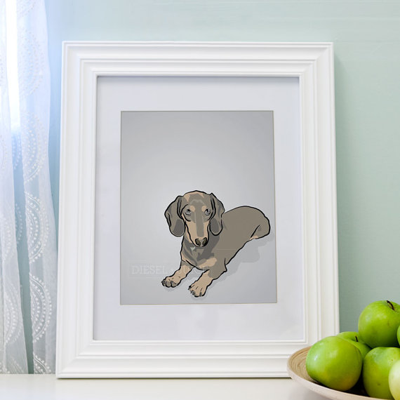 Mini Dauschund Dog Portrait - Gray Digitally Illustrated - 5 x 7 Archival Matte Print