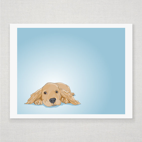 Cocker Spaniel Dog Portrait - Blue Illustrated Print - 8 x 10 Archival Matte