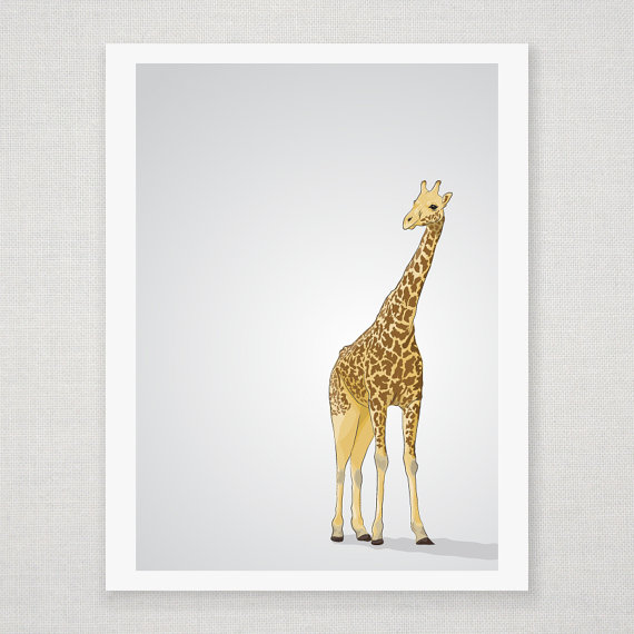 Yellow and Brown Giraffe - Gray Illustrated Print - 8 x 10 Archival Matte