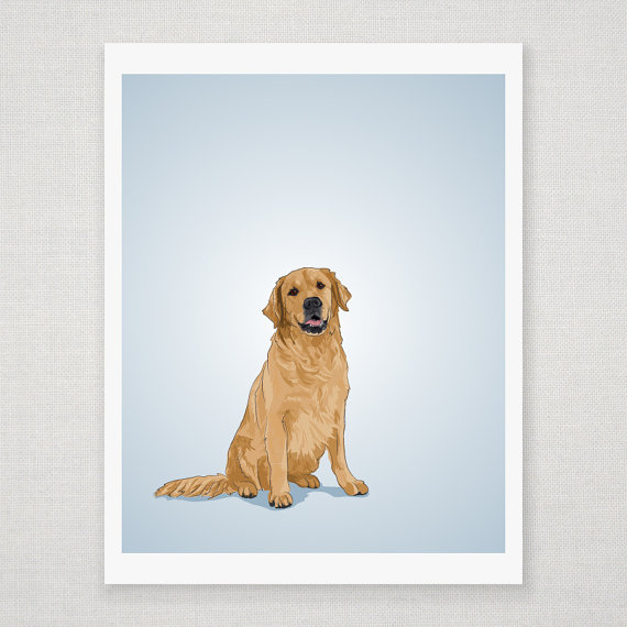 Golden Retriever Dog Portrait - Blue Illustrated Print - 8 x 10 Archival Matte